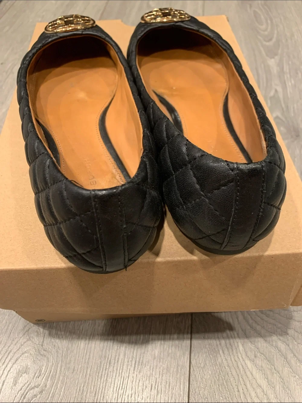 Tory Burch Black Quilted Leather Ballet Flats with Gold Logo